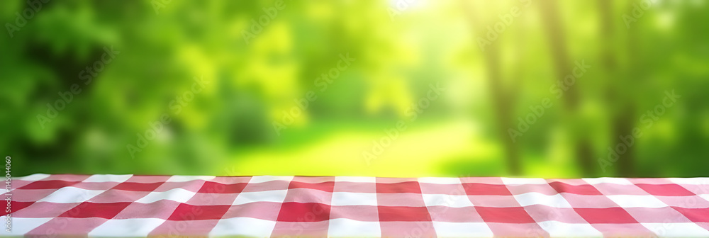 Poster a checkered tablecloth with an abstract green bokeh effect from a morning garden scene serves as a v