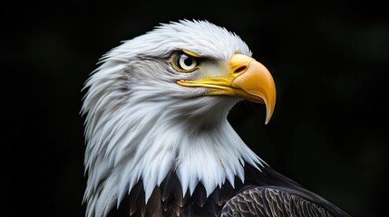 Obraz premium Close-Up Portrait Photo of a Bald Eagle with Intense Gaze. A detailed view of a majestic bald eagle against a dark background, showcasing its powerful features and piercing eyes, symbolizing strength.