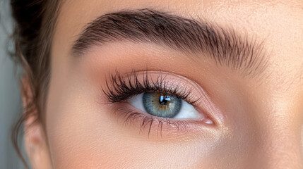 Obraz premium Close-up view of a person's eye showcasing natural beauty and detail in eyelashes and eyebrow