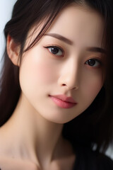 Obraz premium Portrait of Asian Ethnicity Woman with Soft Features, Warm Smile and Elegant Hairstyle on Neutral.