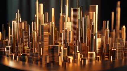 Obraz premium Urban cityscape crafted with golden steel rods against a dark backdrop showcasing modern architectural design
