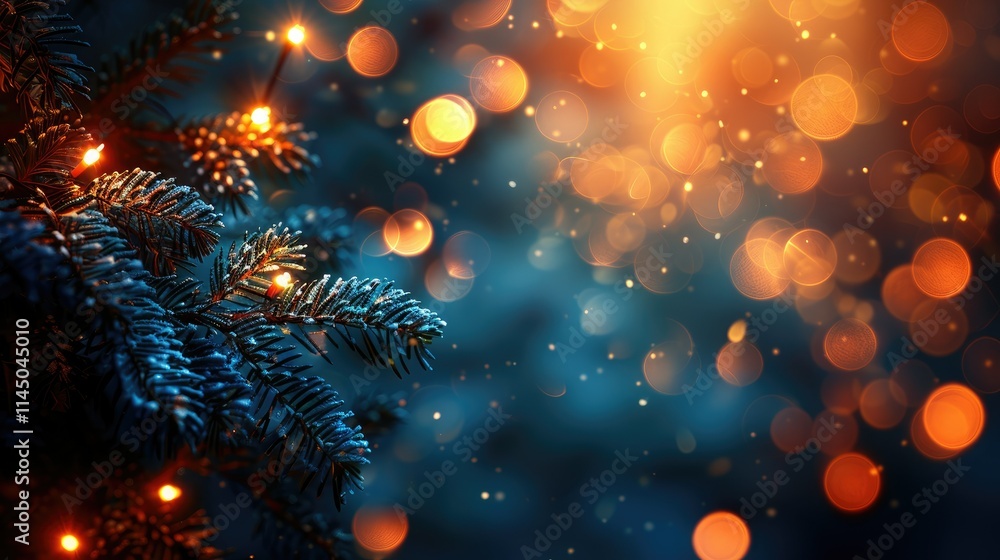 Poster a festive scene featuring a pine branch adorned with glowing bokeh lights.