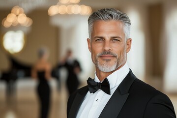 Senior ballroom dancer leads elegant group dance class for retirees in grand ballroom setting