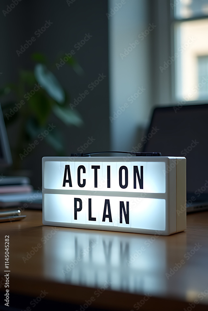 Poster a business motivational tool is a light box with action plan text placed on a desk in an office sett