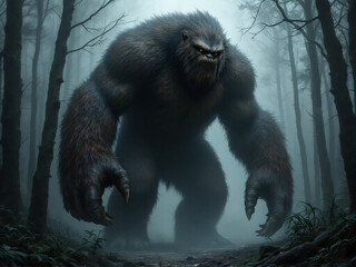 Misty forest with legendary Bigfoot