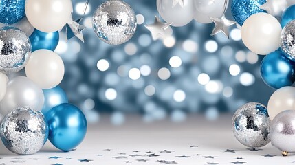This stylish party setting showcases blue and white balloons, disco balls, and silver stars for a memorable adult birthday celebration