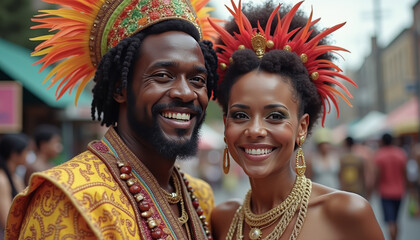 Dancers wearing traditional costumes are smiling during west indian day parade in crown heights, brooklyn. , 1960s style