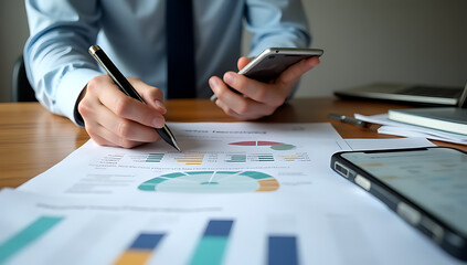A business analyst uses digital tools like smartphones to develop a strategic plan on a wooden desk while holding papers nearby._00002_