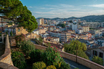 Amazing aerial panorama  on IGY Vieux-Port of Cannes and Palais des Festivals in sunbeams. Many sailboats