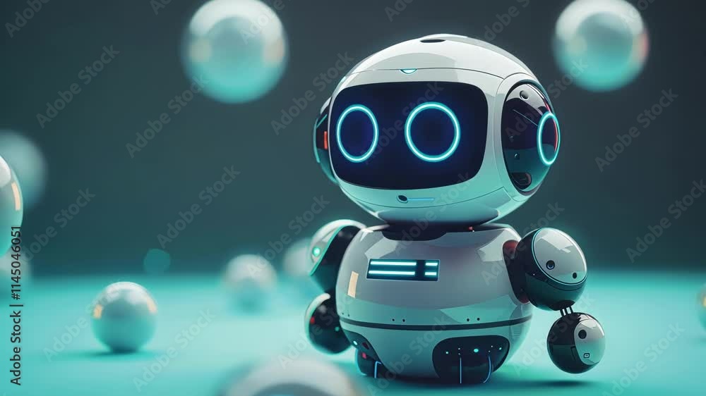 Poster cute white and black robot is processing big data, surrounded by floating white spheres in a futuris