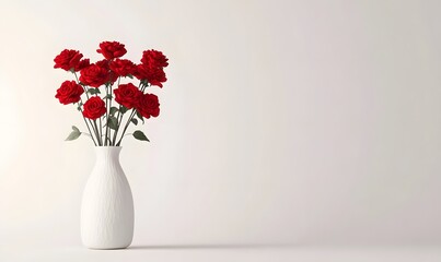 Obraz premium Red roses in white vase against neutral background.