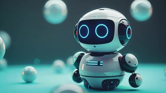 Cute white and black robot is processing big data, surrounded by floating white spheres in a futuristic teal environment, showcasing the concept of artificial intelligence and data management