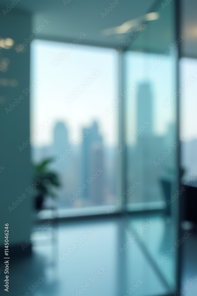 Aufkleber a blurred image of a glass wall with a cityscape in the background is used as a modern abstract desi