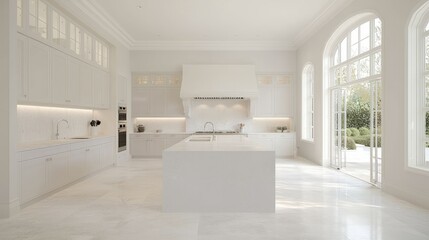 Luxurious minimalist white kitchen with island, large windows, and recessed lighting.