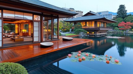 Fototapeta premium Modern Japanese villa with a wooden deck next to a serene pond with water lilies at twilight.