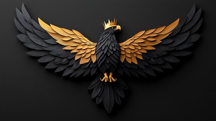 Eagle illustration with golden crown and majestic wings set against a striking black background