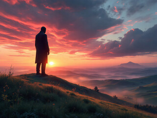 Obraz premium Giant, silhouette, sunset, mountains, landscape, orange sky, clouds, dramatic, scenic, nature, adventure, fantasy, mythical, large figure, standing, horizon, dusk, evening, panorama, vast, open, wilde