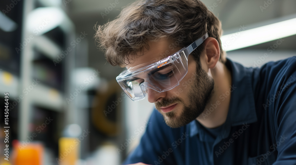 Poster skilled technician working on a project in a modern workshop environment during the day