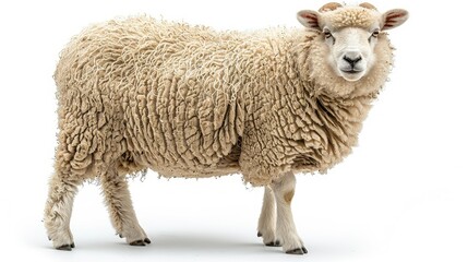 Fototapeta premium A fluffy sheep stands on a white background, showcasing its woolly texture and form.
