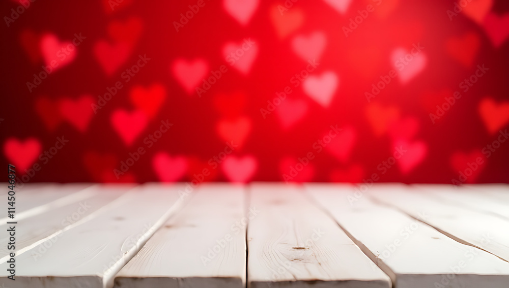 Poster a beautiful white wooden texture table is placed on a red bokeh background suitable for decoration a
