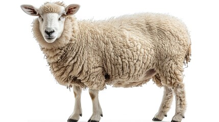 A fluffy sheep stands upright, showcasing its woolly coat against a white background.