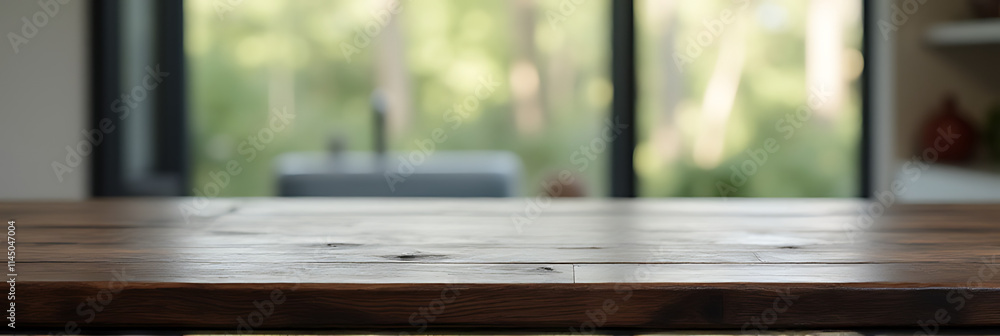 Aufkleber a beautiful dark wood texture is visible on a counter island against an abstract blurred glass windo