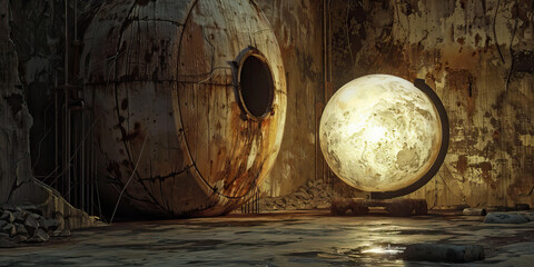 Rusted Sphere and Illuminated Moon Lamp in Derelict Room
