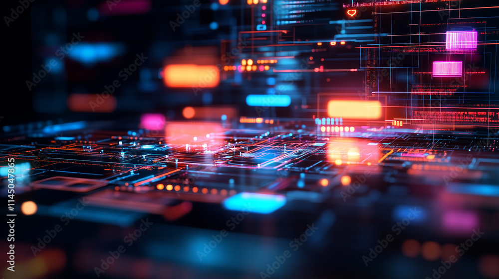Poster digital network showcasing vibrant illuminated data flows and technological connections in a modern 