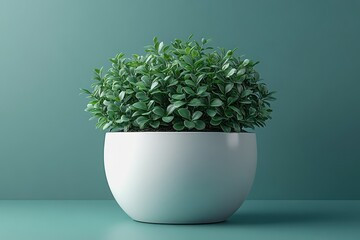 Lush green plant in a simple white round pot against a teal background.