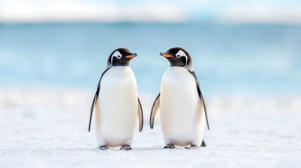 Naklejka premium Two penguins facing each other on snowy ground near ocean.