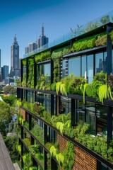 A modern building with a green roof blends seamlessly with the surrounding forest. The windows offer views of the lush vegetation.