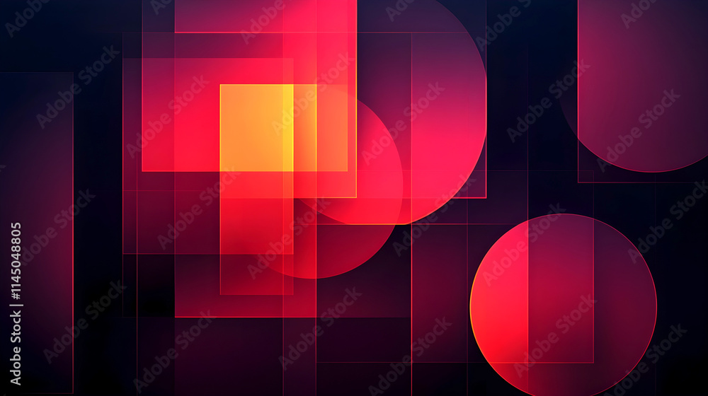 Poster abstract geometric design with overlapping translucent squares and circles in vibrant shades of red,
