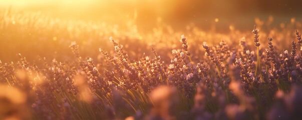 Lavender field stretching to the horizon under the golden light of sunset in a serene countryside