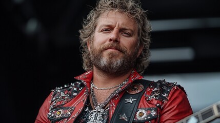 Obraz premium Close-up portrait of a musician with long blond hair, beard, and red studded jacket.