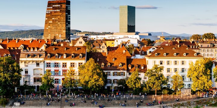 Rows of houses on the right bank in Kleinbasel River. Basel, Canton Basel-Stadt, Switzerland, Europe.