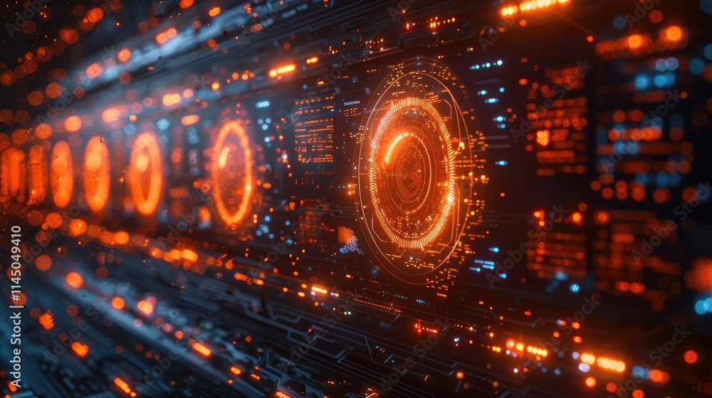 Poster a futuristic digital interface with glowing orange elements and intricate patterns.