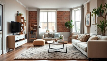 Fototapeta premium A cozy urban studio apartment with light gray skirting boards, a plush rug, and a combination of stylish modern furniture and vintage accessories for character
