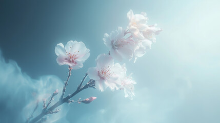 Fototapeta premium Delicate cherry blossoms bloom softly against a tranquil blue backdrop in early spring