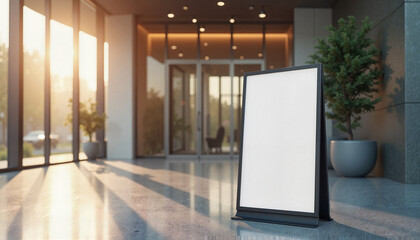 Blank advertising board in a modern lobby with natural light and landscaping