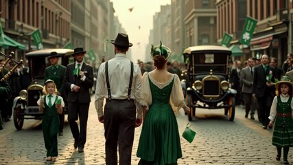 Couple wearing period clothing walking in st. Patrick's day parade in new york city, circa 1920