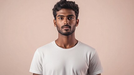 Obraz premium Young South Asian man with dark hair and beard, wearing a plain white t-shirt against a soft pink background.