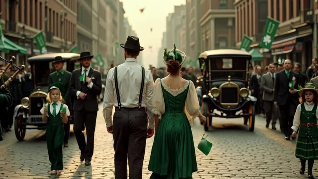 Couple wearing period clothing walking in st. Patrick's day parade in new york city, circa 1920