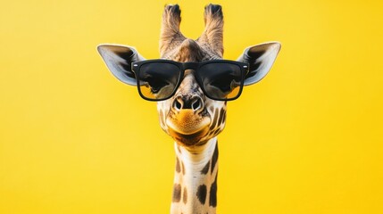 Giraffe wearing sunglasses against a yellow background.