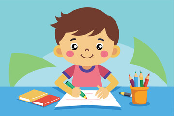 Child engaged in creative activity using colorful crayons and paper in a bright indoor setting with art supplies around