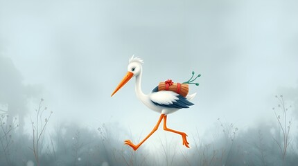 Obraz premium Stork happily walking with a wrapped bundle on its back against a misty, muted background
