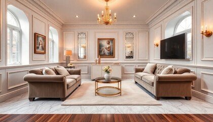 Fototapeta premium A luxurious studio living room with marble-effect skirting boards, plush velvet furniture, and warm gold accents