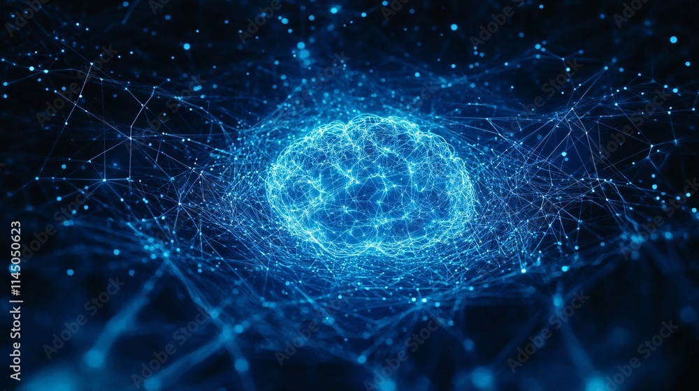 Poster a glowing blue brain composed of interconnected neural pathways and nodes, symbolizing advanced tech