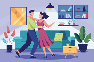 Couple dancing joyfully in a cozy living room during an evening gathering with warm lighting and cheerful atmosphere