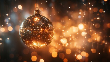 Obraz premium A shimmering golden Christmas ornament surrounded by sparkling lights, creating a magical festive ambiance.