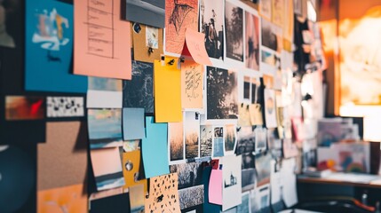 A vibrant collage of notes and images on a creative workspace wall, showcasing a mix of colors and textures.